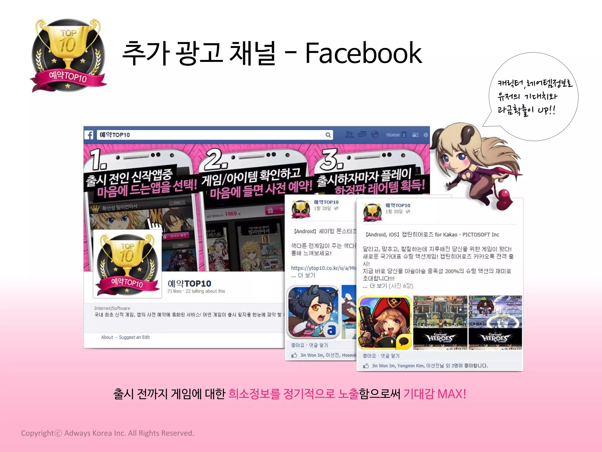 추가 광고 채널 - Facebook
캐릭터,레어템정보로
유저의 기대치와
과금확률이 Up!!

출시 전까지 게임에 대한 희소정보를 정기적으로 노출함으로써 기대감 MAX!
Copyrightⓒ Adways Korea Inc. All Rights Reserved.

 