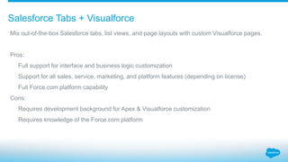 Salesforce Tabs + Visualforce
Mix out-of-the-box Salesforce tabs, list views, and page layouts with custom Visualforce pag...