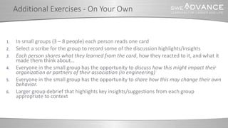 1. In small groups (3 – 8 people) each person reads one card
2. Select a scribe for the group to record some of the discussion highlights/insights
3. Each person shares what they learned from the card, how they reacted to it, and what it
made them think about…
4. Everyone in the small group has the opportunity to discuss how this might impact their
organization or partners of their association (in engineering)
5. Everyone in the small group has the opportunity to share how this may change their own
behavior.
6. Larger group debrief that highlights key insights/suggestions from each group
appropriate to context
Additional Exercises - On Your Own
 