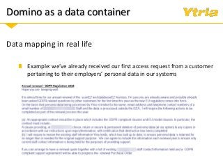 Domino as a data container
Data mapping in real life
Example: we’ve already received our first access request from a customer
pertaining to their employers’ personal data in our systems
 