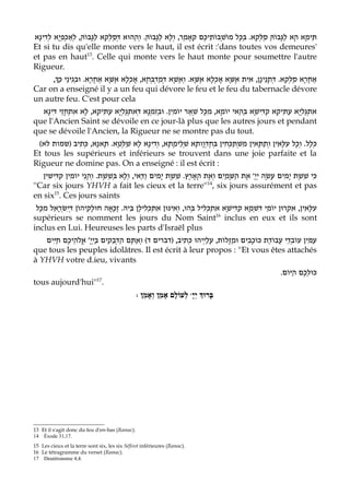 ‫נָא‬‫תֵּימָא הָא לַגָּבוֹהַּ סַלְּקָא. בְּכָל מוֹשְׁבותֵיכֶם קָאָמַר, ולָא לַגָּבוֹהַּ. וְהַהוּא דְּסַלְּקָא לַגָּבוֹהַּ, לְאַכְפְיָא לְדִי‬
                                                                ְ               ֹ
Et si tu dis qu'elle monte vers le haut, il est écrit :'dans toutes vos demeures'
et pas en haut13. Celle qui monte vers le haut monte pour soumettre l'autre
Rigueur.
     ,Cַ‫נֵי כּ‬‫נָן, אִית אֶשָּׁא אָכְלָא אֶשָּׁא. וְאשָׁא דְּמַדְבְּחָא, אָכְלָא אֶשָּׁא אַחֲרָא. וּבְגִי‬‫נֵי‬ָ‫אַחֲרָא סַלְּקָא. דְּת‬
                                                          ֶ
Car on a enseigné il y a un feu qui dévore le feu et le feu du tabernacle dévore
un autre feu. C'est pour cela
  ‫נָא‬‫נָא דְּאִתְגַּלְיָא עַתִּיקָא, לָא אִתְחָזֵי דִּי‬ְ‫אתְגַּלְיָא עַתִּיקָא קַדִּישָׁא בְּהַאי יוֹמָא, מִכָּל שְׁאַר יוֹמִין. וּבְזִמ‬
                                                                                                                          ִ
que l'Ancien Saint se dévoile en ce jour-là plus que les autres jours et pendant
que se dévoile l'Ancien, la Rigueur ne se montre pas du tout.
 (‫נָא, כּתִיב )שמות לא‬‫נָא לָא שַׁלְטָא. תָּא‬‫כְּלָל. וְכָל עלָּאִין וְתַתָּאִין משְׁתַּכְּחִין בְּחֶדְוָותָא שְׁלֵימָתָא, וְדִי‬
               ְ                                                                    ִ                  ִ
Et tous les supérieurs et inférieurs se trouvent dans une joie parfaite et la
Rigueur ne domine pas. On a enseigné : il est écrit :
   ‫נֵי יוֹמִין קדִּישִׁין‬ָ‫כִּי שֵׁשֶׁת יָמִים עשָׂה יְיָ' אֶת הַשָּׁמַיִם וְאֶת הָאָרֶץ. שֵׁשֶׁת יָמִים ודַּאי, וְלָא בְּשֵׁשֶׁת. וְה‬
          ַ                                      ַ                                                   ָ
''Car six jours YHVH a fait les cieux et la terre'' , six jours assurément et pas
                                                                         14

en six15. Ces jours saints
 ‫עלָּאִין, אִקְרוּן יוֹמֵי דִּשְׁמָא קַדִּישָׁא אִתְכְּלִיל בְּהוּ, וְאִינּוּן אתְּכְּלִילָן בֵּיהּ. זַכָּאָה חוּלָקֵיהוֹן דְּיִשְׂרָאֵל מִכָּל‬
                                                      ִ                                                                  ִ
supérieurs se nomment les jours du Nom Saint inclus en eux et ils sont          16

inclus en Lui. Heureuses les parts d'Israël plus
   ‫הֵיכֶם חַיִּים‬Dֱ‫עמִּין עוֹבְדֵי עֲבוֹדַת כּוֹכָבִים וּמַזָּלוֹת, עָלַיְיהוּ כְּתִיב, )דברים ד( וְאַתֶּם הַדְּבֵקִים בַּיְיָ' א‬
                                                                                                                      ַ
que tous les peuples idolâtres. Il est écrit à leur propos : ''Et vous êtes attachés
à YHVH votre d.ieu, vivants
                                                                                                           .‫כּוּלְּכֶם הַיּוֹם‬
tous aujourd'hui'' .         17


                                                : ‫ לְעוֹלָם אָמֵן וְאָמֵן‬wָ‫בָּרוְּך יְי‬




13 Et il s'agit donc du feu d'en-bas (Ramac).
14 Éxode 31,17.
15 Les cieux et la terre sont six, les six Séfirot inférieures (Ramac).
16 Le tétragramme du verset (Ramac).
17 Deutéronome 4,4.
 