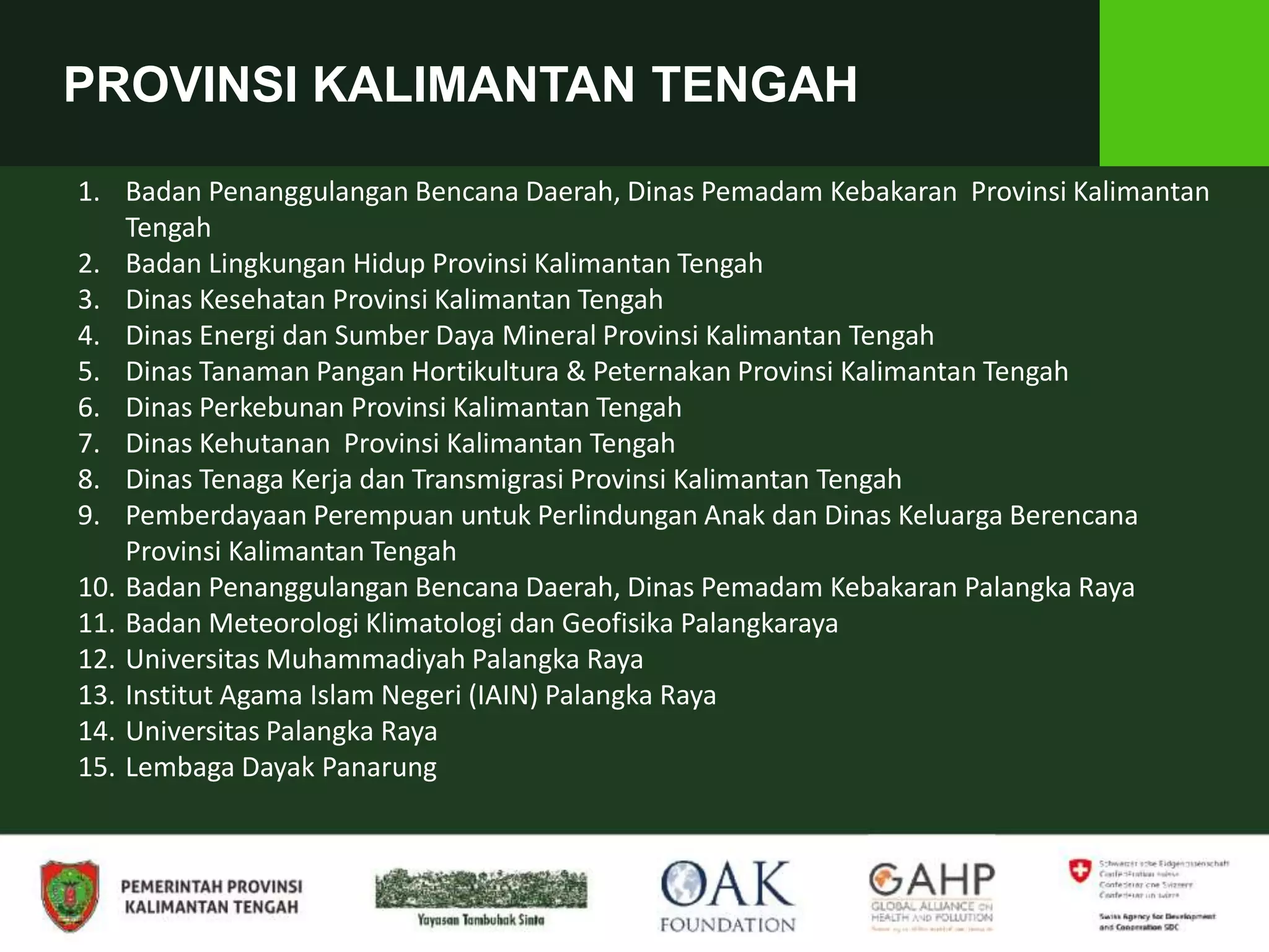 PROVINSI KALIMANTAN TENGAH
1. Badan Penanggulangan Bencana Daerah, Dinas Pemadam Kebakaran Provinsi Kalimantan
Tengah
2. Badan Lingkungan Hidup Provinsi Kalimantan Tengah
3. Dinas Kesehatan Provinsi Kalimantan Tengah
4. Dinas Energi dan Sumber Daya Mineral Provinsi Kalimantan Tengah
5. Dinas Tanaman Pangan Hortikultura & Peternakan Provinsi Kalimantan Tengah
6. Dinas Perkebunan Provinsi Kalimantan Tengah
7. Dinas Kehutanan Provinsi Kalimantan Tengah
8. Dinas Tenaga Kerja dan Transmigrasi Provinsi Kalimantan Tengah
9. Pemberdayaan Perempuan untuk Perlindungan Anak dan Dinas Keluarga Berencana
Provinsi Kalimantan Tengah
10. Badan Penanggulangan Bencana Daerah, Dinas Pemadam Kebakaran Palangka Raya
11. Badan Meteorologi Klimatologi dan Geofisika Palangkaraya
12. Universitas Muhammadiyah Palangka Raya
13. Institut Agama Islam Negeri (IAIN) Palangka Raya
14. Universitas Palangka Raya
15. Lembaga Dayak Panarung
 