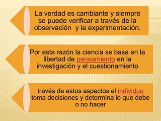 La verdad es cambiante y siempre
  se puede verificar a través de la
 observación y la experimentación.


Por esta razón la ciencia se basa en la
    libertad de pensamiento en la
  investigación y el cuestionamiento


  través de estos aspectos el individuo
toma decisiones y determina lo que debe
               o no hacer
 