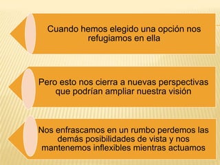 Cuando hemos elegido una opción nos
          refugiamos en ella



Pero esto nos cierra a nuevas perspectivas
    que podrían ampliar nuestra visión



Nos enfrascamos en un rumbo perdemos las
    demás posibilidades de vista y nos
 mantenemos inflexibles mientras actuamos
 