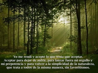 Yo me rendí y acepté lo que tenía que aceptar.Yo me rendí y acepté lo que tenía que aceptar.
Aceptar para dejar de sufrir, para lanzar fuera mi orgullo yAceptar para dejar de sufrir, para lanzar fuera mi orgullo y
mi prepotencia y para volver a la simplicidad de la naturaleza,mi prepotencia y para volver a la simplicidad de la naturaleza,
que trata a todos de la misma manera, sin favoritismos.que trata a todos de la misma manera, sin favoritismos.
 