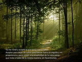 Yo me rendí y acepté lo que tenía que aceptar.Yo me rendí y acepté lo que tenía que aceptar.
Aceptar para dejar de sufrir, para lanzar fuera mi orgullo y miAceptar para dejar de sufrir, para lanzar fuera mi orgullo y mi
prepotencia y para volver a la simplicidad de la naturaleza,prepotencia y para volver a la simplicidad de la naturaleza,
que trata a todos de la misma manera, sin favoritismos.que trata a todos de la misma manera, sin favoritismos.
 