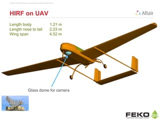 Copyright © 2014 Altair Engineering, Inc. Proprietary and Confidential. All rights reserved.
HIRF on UAV
Length body 1.21 m
Length nose to tail 2.23 m
Wing span 4.52 m
Glass dome for camera
 
