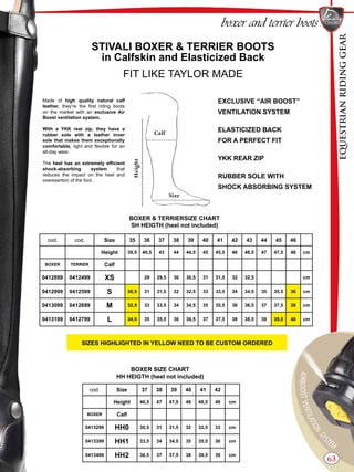 EQUESTRIANRIDINGGEAR
63
boxer and terrier boots
STIVALI BOXER & TERRIER BOOTS
in Calfskin and Elasticized Back
FIT LIKE TAYLOR MADE
BOXER & TERRIERSIZE CHART
SH HEIGTH (heel not included)
BOXER SIZE CHART
HH HEIGTH (heel not included)
cod. Size 37 38 39 40 41 42
Height 46,5 47 47,5 48 48,5 49 cm
BOXER Calf
0413299 HH0 30,5 31 31,5 32 32,5 33 cm
0413399 HH1 33,5 34 34,5 35 35,5 36 cm
0413499 HH2 36,5 37 37,5 38 38,5 39 cm
EXCLUSIVE “AIR BOOST”
VENTILATION SYSTEM
ELASTICIZED BACK
FOR A PERFECT FIT
YKK REAR ZIP
RUBBER SOLE WITH
SHOCK ABSORBING SYSTEM
Made of high quality natural calf
leather, they’re the first riding boots
on the market with an exclusive Air
Boost ventilation system.
With a YKK rear zip, they have a
rubber sole with a leather inner
sole that makes them exceptionally
comfortable, light and flexible for an
all-day wear.
The heel has an extremely efficient
shock-absorbing system that
reduces the impact on the heel and
overexertion of the foot.
Calf
Size
Height
cod. cod. Size 35 36 37 38 39 40 41 42 43 44 45 46
Height 39,5 40,5 43 44 44,5 45 45,5 46 46,5 47 47,5 48 cm
BOXER TERRIER Calf
0412899 0412499 XS 29 29,5 30 30,5 31 31,5 32 32,5 cm
0412999 0412599 S 30,5 31 31,5 32 32,5 33 33,5 34 34,5 35 35,5 36 cm
0413099 0412699 M 32,5 33 33,5 34 34,5 35 35,5 36 36,5 37 37,5 38 cm
0413199 0412799 L 34,5 35 35,5 36 36,5 37 37,5 38 38,5 39 39,5 40 cm
SIZES HIGHLIGHTED IN YELLOW NEED TO BE CUSTOM ORDERED
 