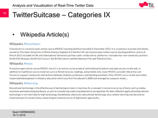 1818
TwitterSuitcase – Categories IX
Analysis and Visualization of Real-Time Twitter Data
19.11.2015
Sead HARMANDIC
• Wiki...