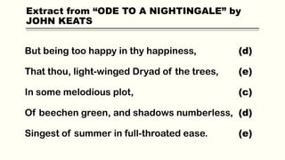 But being too happy in thy happiness, (d)
That thou, light-winged Dryad of the trees, (e)
In some melodious plot, (c)
Of beechen green, and shadows numberless, (d)
Singest of summer in full-throated ease. (e)
Extract from “ODE TO A NIGHTINGALE” by
JOHN KEATS
 