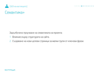 Задълбочено проучване на семантиката на проекта:
1. Влияние върху структурата на сайта.
2. Създаване на нови целеви страници за малки групи от ключови фрази.
[SEO на настоящето]
Семантика+
 