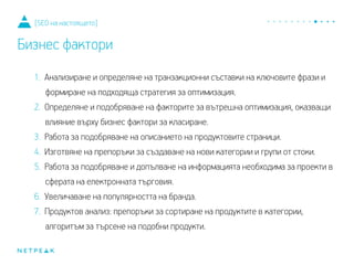 1. Анализиране и определяне на транзакционни съставки на ключовите фрази и
формиране на подходяща стратегия за оптимизация.
2. Определяне и подобряване на факторите за вътрешна оптимизация, оказващи
влияние върху бизнес фактори за класиране.
3. Работа за подобряване на описанието на продуктовите страници.
4. Изготвяне на препоръки за създаване на нови категории и групи от стоки.
5. Работа за подобряване и допълване на информацията, необходима за проекти
в сферата на електронната търговия.
6. Увеличаване на популярността на бранда.
7. Продуктов анализ: препоръки за сортиране на продуктите в категории,
алгоритъм за търсене на подобни продукти.
[SEO на настоящето]
Бизнес фактори
 