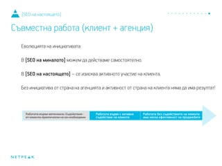 Еволюцията на инициативата:
В [SEO на миналото] можем да действаме самостоятелно.
В [SEO на настоящето] – се изисква активното участие на клиента.
Без инициатива от страна на агенцията и активност от страна на клиента няма да има резултат!
[SEO на настоящето]
Съвместна работа (клиент + агенция)
 