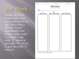 Bell Work
Create a K/W/L
Chart. Write your
name and period on
top. Then write a
line for “Topic”
underneath your
name. Lastly, make
3 columns – one
with “K” above it,
one with “W” above
it, and one with “L”
above it.

 