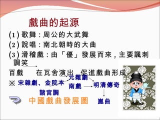 戲曲的起源 (1) 歌舞 : 周公的大武舞 (2) 說唱 : 南北朝時的大曲 (3) 滑稽戲 : 由「優」發展而來 , 主要諷刺調笑  百戲  在瓦舍演出 , 促進戲曲形成 ※ 宋雜劇、金院本 諸宮調 中國戲曲發展圖 元雜劇 南戲 崑曲 明清傳奇 