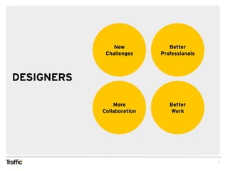 2
DESIGNERS
New
Challenges
Better
Professionals
More
Collaboration
Better
Work
 