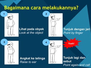 Click to edit Master title style
2
Bagaimana cara melakukannya?
Lihat pada obyek
Look at the object
Tunjuk dengan jari
Point by finger
Angkat ke telinga
Raise to ear
Tunjuk lagi dan
sebut
Point again and call
Yosh!
 