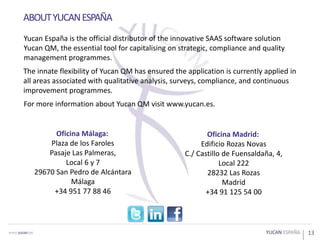 13
ABOUTYUCANESPAÑA
Yucan España is the official distributor of the innovative SAAS software solution
Yucan QM, the essential tool for capitalising on strategic, compliance and quality
management programmes.
The innate flexibility of Yucan QM has ensured the application is currently applied in
all areas associated with qualitative analysis, surveys, compliance, and continuous
improvement programmes.
For more information about Yucan QM visit www.yucan.es.
Oficina Málaga:
Plaza de los Faroles
Pasaje Las Palmeras,
Local 6 y 7
29670 San Pedro de Alcántara
Málaga
+34 951 77 88 46
Oficina Madrid:
Edificio Rozas Novas
C./ Castillo de Fuensaldaña, 4,
Local 222
28232 Las Rozas
Madrid
+34 91 125 54 00
 