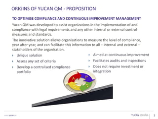 3
ORIGINS OF YUCAN QM - PROPOSITION
TO OPTIMISE COMPLIANCE AND CONTINUOUS IMPROVEMENT MANAGEMENT
 Unique solution
 Assess any set of criteria
 Develop a centralised compliance
portfolio
Yucan QM was developed to assist organizations in the implementation of and
compliance with legal requirements and any other internal or external control
measures and standards.
The innovative solution allows organisations to measure the level of compliance,
year after year, and can facilitate this information to all – internal and external –
stakeholders of the organisation.
 Aimed at continuous improvement
 Facilitates audits and inspections
 Does not require investment or
integration
 