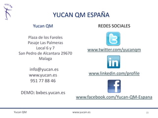 YUCAN QM ESPAÑA
            Yucan QM                             REDES SOCIALES

        Plaza de los Faroles
        Pasaje Las Palmeras
            Local 6 y 7                     www.twitter.com/yucanqm
   San Pedro de Alcantara 29670
              Malaga

           info@yucan.es
           www.yucan.es                     www.linkedin.com/profile
            951 77 88 46

    DEMO: bxbes.yucan.es
                                    www.facebook.com/Yucan-QM-Espana


Yucan QM                          www.yucan.es                         18
 