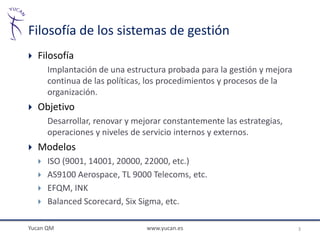 Filosofía de los sistemas de gestión
   Filosofía
        Implantación de una estructura probada para la gestión y mejora
        continua de las políticas, los procedimientos y procesos de la
        organización.
   Objetivo
        Desarrollar, renovar y mejorar constantemente las estrategias,
        operaciones y niveles de servicio internos y externos.
   Modelos
       ISO (9001, 14001, 20000, 22000, etc.)
       AS9100 Aerospace, TL 9000 Telecoms, etc.
       EFQM, INK
       Balanced Scorecard, Six Sigma, etc.

Yucan QM                          www.yucan.es                            3
 