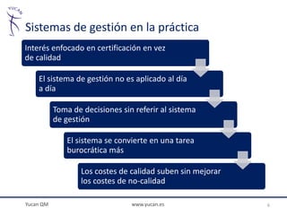 Sistemas de gestión en la práctica
Interés enfocado en certificación en vez
de calidad

    El sistema de gestión no es aplicado al día
    a día

           Toma de decisiones sin referir al sistema
           de gestión

               El sistema se convierte en una tarea
               burocrática más

                   Los costes de calidad suben sin mejorar
                   los costes de no-calidad

Yucan QM                         www.yucan.es                6
 