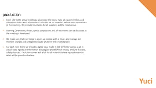 production
 From site visit to actual meetings, we provide the plans, make all equipment lists, and
manage all orders with all suppliers. There will be no issues left before build-up and start
of the meetings. We include time tables for all suppliers and the local venue.
 Opening Ceremonies, shows, special symposiums and all extra items can be discussed as
the meeting is developed.
 We make sure, that everybody is always up to date with all issues and manage last
moment changes and unexpected issues whatever the circumstances!
 For each room there we provide a digital plan, made in CAD or Vector-works, so all in
actual sizes. It gives all information about space and technical setups, amount of chairs,
safety doors etc. Each plan comes with a full list of materials where by you know exact
what will be placed and where.
Yuci
 
