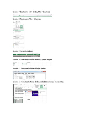 Lección 7 Desplazarse entre Celdas, Filas y Columnas
Lección 8 Ajustes para Filas y Columnas
Lección 9 Herramienta Zoom
Lección 10 Formato a la Tabla - Alinear y aplicar Negrita
Lección 11 Formato a la Tabla - Dibujar Bordes
Lección 12 Formato a la Tabla - Ordenar Alfabéticamente e insertar Filas
 