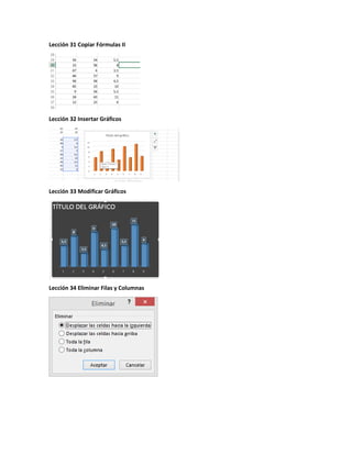 Lección 31 Copiar Fórmulas II
Lección 32 Insertar Gráficos
Lección 33 Modificar Gráficos
Lección 34 Eliminar Filas y Columnas
 
