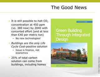 The Good News It  is  still possible to halt CO 2  concentration at 450 ppm (vs. 380 now) by 2040 with concerted effort (and at less than €40 per metric ton) No new technologies! Buildings are the only Life Cycle Cost-positive solution Issue is finance, not economics 25% of total carbon solution can come from buildings, including homes 