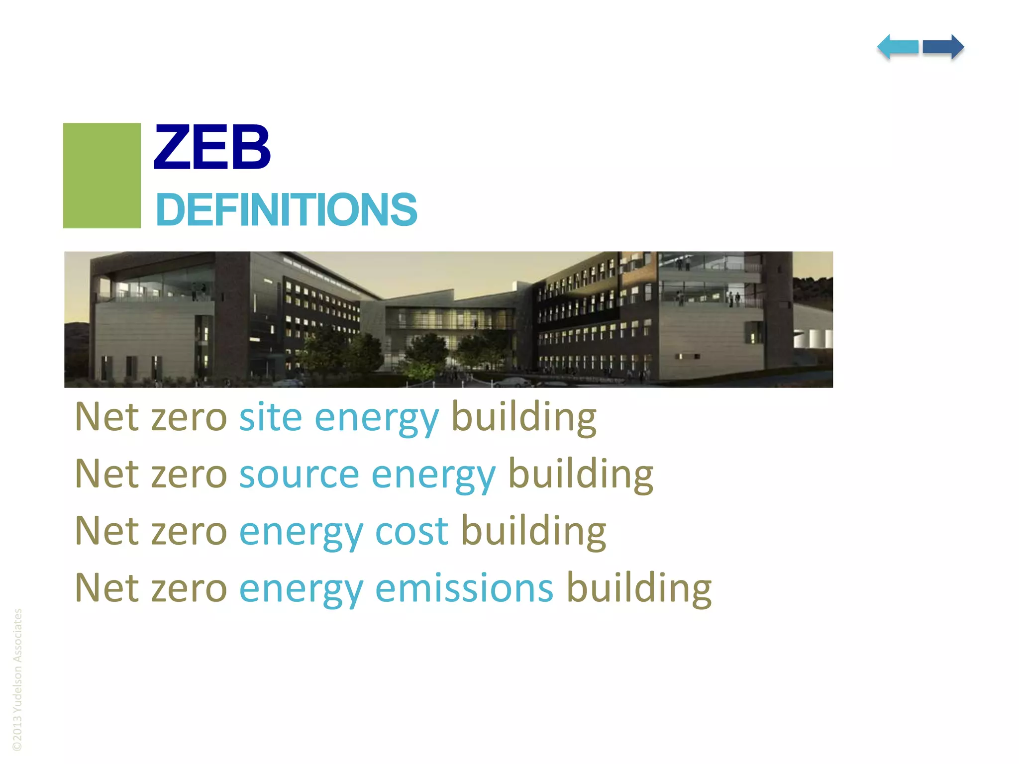 ZEB

©2013 Yudelson Associates

DEFINITIONS

Net zero site energy building
Net zero source energy building
Net zero energy cost building
Net zero energy emissions building

 