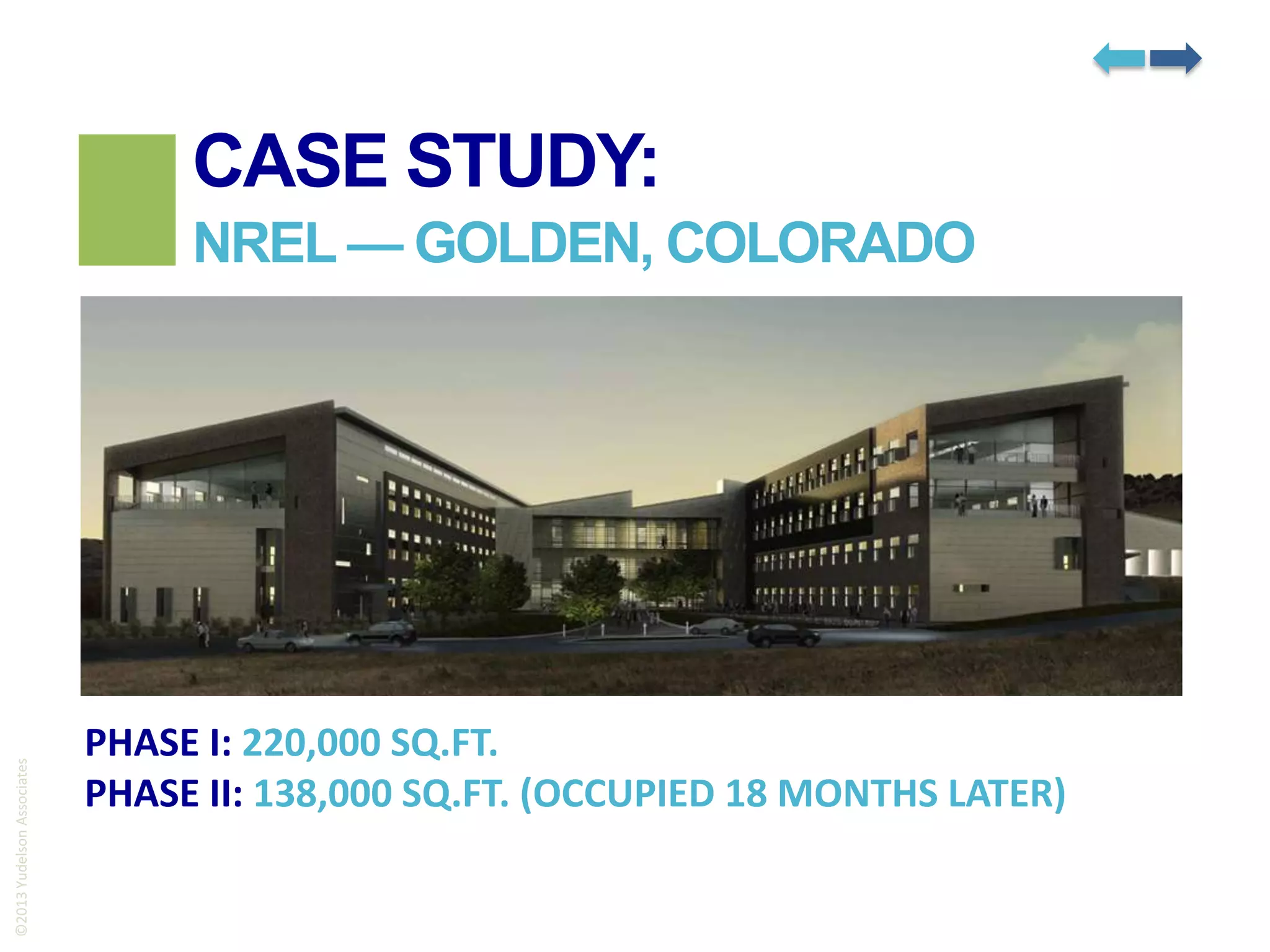 CASE STUDY:

©2013 Yudelson Associates

NREL — GOLDEN, COLORADO

PHASE I: 220,000 SQ.FT.
PHASE II: 138,000 SQ.FT. (OCCUPIED 18 MONTHS LATER)

 