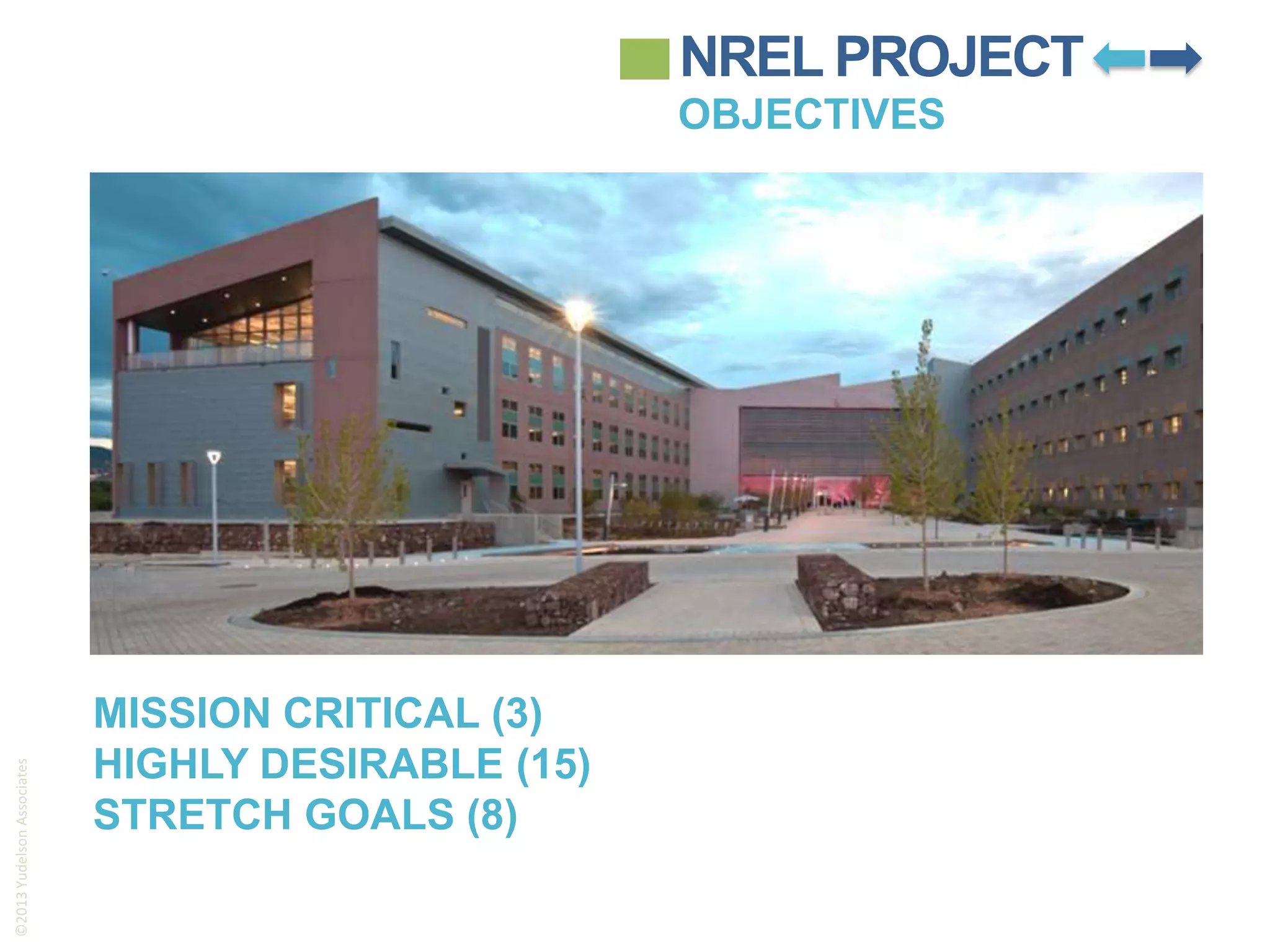 NREL PROJECT

©2013 Yudelson Associates

OBJECTIVES

MISSION CRITICAL (3)
HIGHLY DESIRABLE (15)
STRETCH GOALS (8)

 