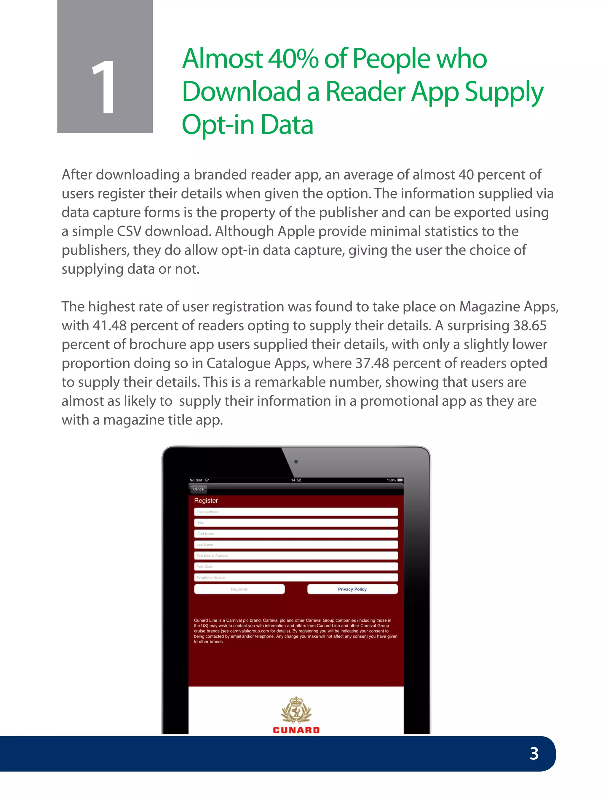 1
                   Almost 40% of People who
                   Download a Reader App Supply
                   Opt-in Data
After downloading a branded reader app, an average of almost 40 percent of
users register their details when given the option. The information supplied via
data capture forms is the property of the publisher and can be exported using
a simple CSV download. Although Apple provide minimal statistics to the
publishers, they do allow opt-in data capture, giving the user the choice of
supplying data or not.

The highest rate of user registration was found to take place on Magazine Apps,
with 41.48 percent of readers opting to supply their details. A surprising 38.65
percent of brochure app users supplied their details, with only a slightly lower
proportion doing so in Catalogue Apps, where 37.48 percent of readers opted
to supply their details. This is a remarkable number, showing that users are
almost as likely to supply their information in a promotional app as they are
with a magazine title app.




                                                                           3
 