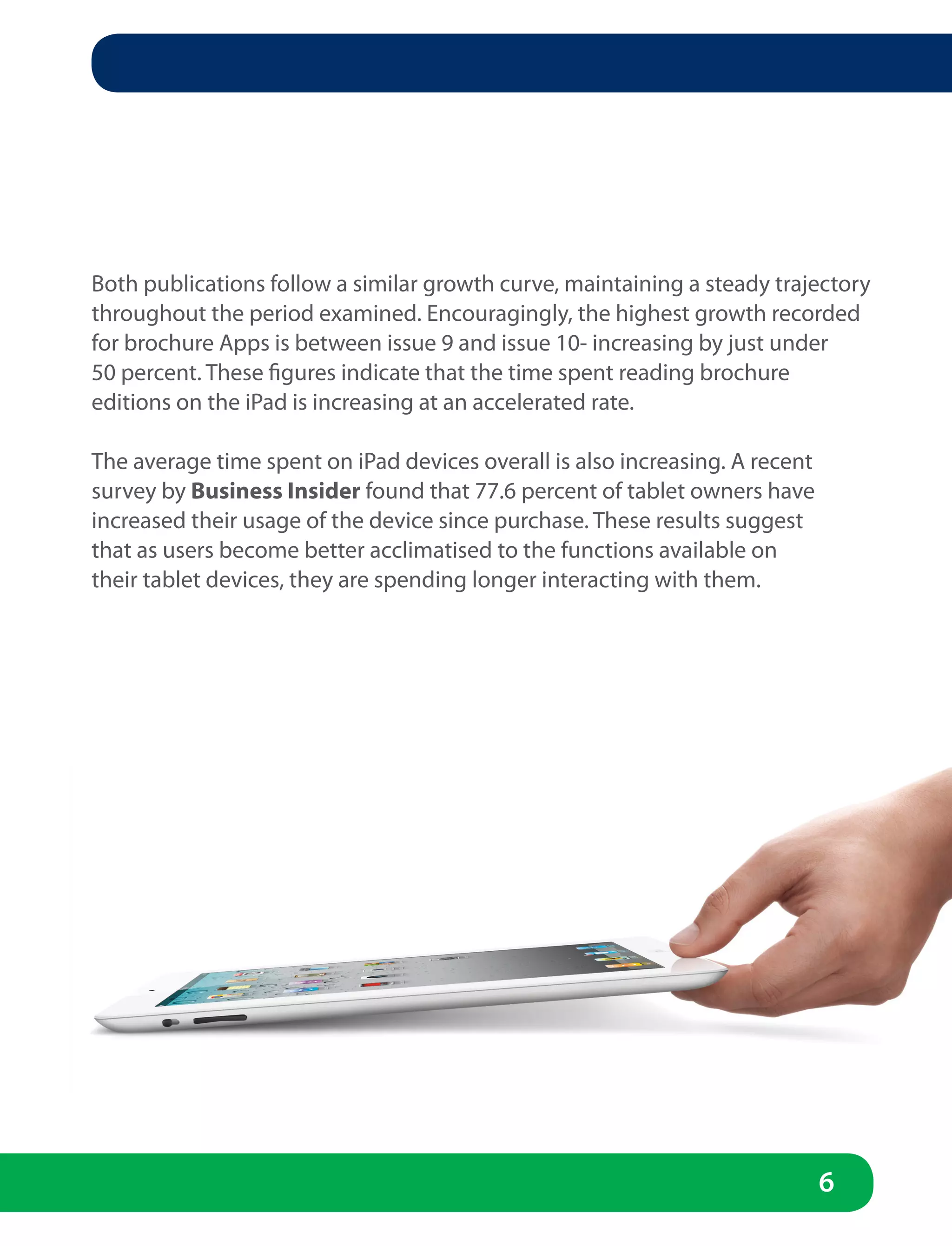 Both publications follow a similar growth curve, maintaining a steady trajectory
throughout the period examined. Encouragingly, the highest growth recorded
for brochure Apps is between issue 9 and issue 10- increasing by just under
50 percent. These figures indicate that the time spent reading brochure
editions on the iPad is increasing at an accelerated rate.

The average time spent on iPad devices overall is also increasing. A recent
survey by Business Insider found that 77.6 percent of tablet owners have
increased their usage of the device since purchase. These results suggest
that as users become better acclimatised to the functions available on
their tablet devices, they are spending longer interacting with them.




                                                                              6
 