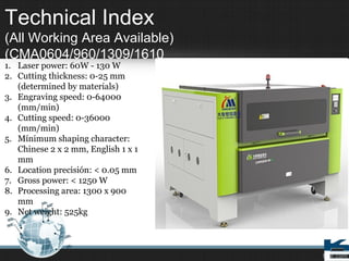 Technical Index
(All Working Area Available)
(CMA0604/960/1309/1610
1. Laser power: 60W - 130 W
2. Cutting thickness: 0-25 mm
(determined by materials)
3. Engraving speed: 0-64000
(mm/min)
4. Cutting speed: 0-36000
(mm/min)
5. Mínimum shaping character:
Chinese 2 x 2 mm, English 1 x 1
mm
6. Location precisión: < 0.05 mm
7. Gross power: < 1250 W
8. Processing area: 1300 x 900
mm
9. Net weight: 525kg
 