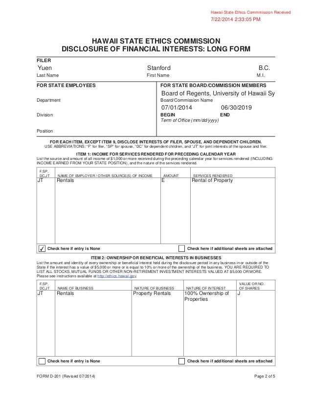 Stanford Yuen 2014 Financial Disclosure Statement