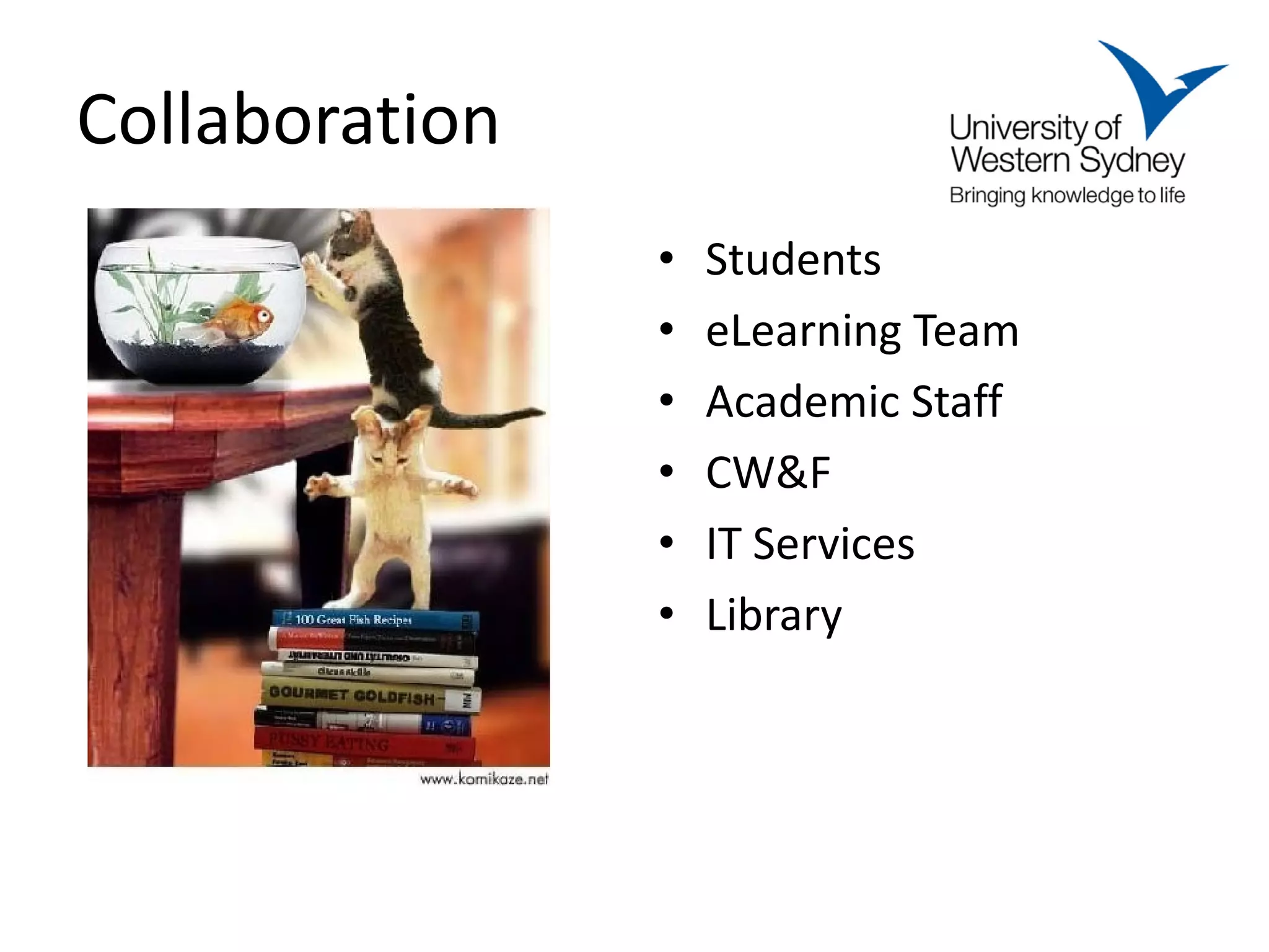 Collaboration
                •   Students
                •   eLearning Team
                •   Academic Staff
                •   CW&F
                •   IT Services
                •   Library
 