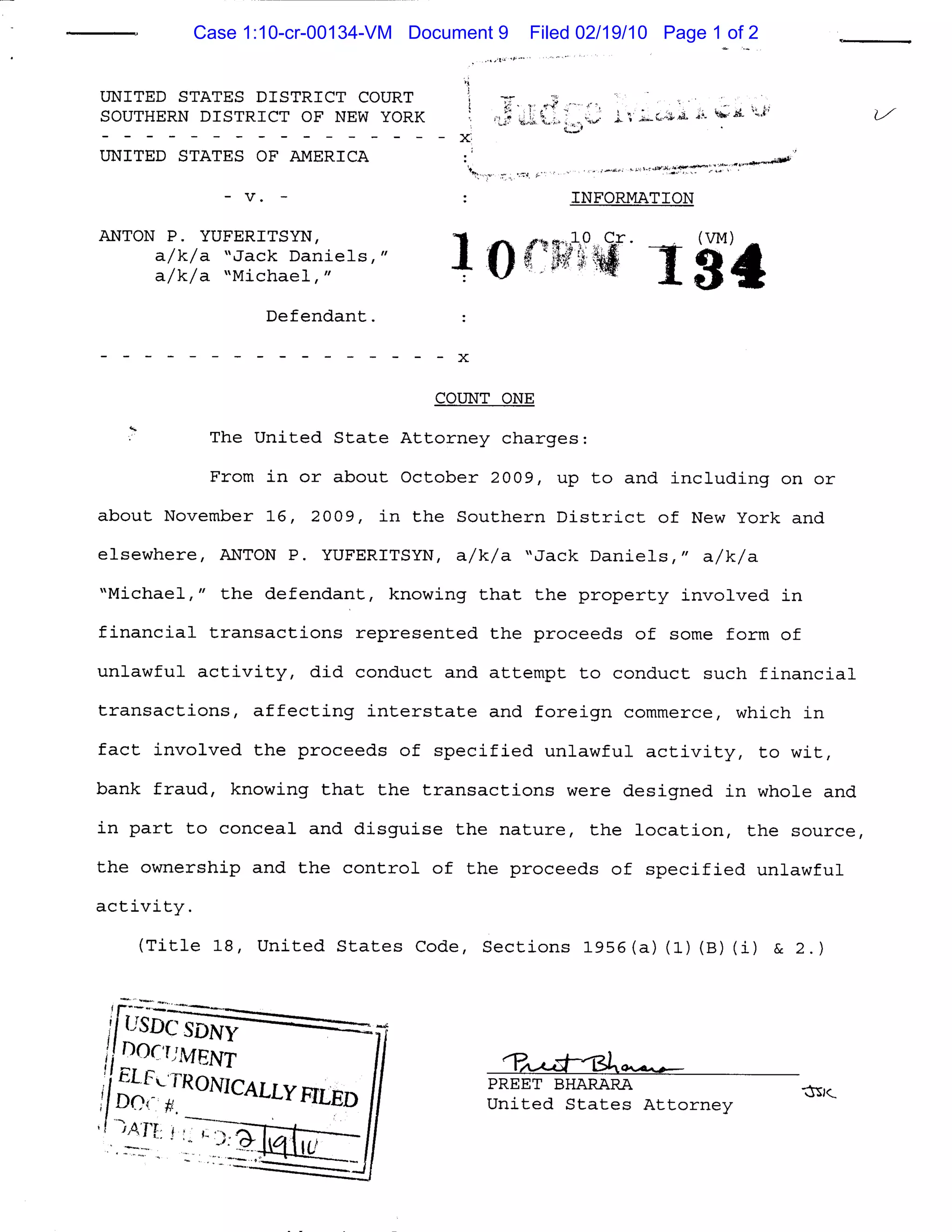 Case 1:10-cr-00134-VM Document 9 Filed 02/19/10 Page 1 of 2