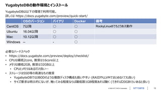 © 2022 NTT DATA Corporation 13
YugabyteDBの動作環境とインストール
YugabyteDBは以下の環境で利用可能。
詳しくは https://docs.yugabyte.com/preview/quick-start/
OSのバージョン バイナリ Docker 備考
CentOS 7以降 ○ ○ RockyLinux8でもとりあえ動作
Ubuntu 16.04以降 ○ ○
Mac 10.12以降 ○ ○
Windows -- - ○
必要なハードスペック
• https://docs.yugabyte.com/preview/deploy/checklist/
• CPUは最低2core, 推奨は16core以上
• メモリは最低2GB, 推奨は32GB以上
• CPUとメモリはあるだけ良い・・
• ストレージはSSD等の高速なもの推奨
• YugabyteDBではJBODのような複数ディスク構成も扱いやすい (RAIDやLLVMでまとめなくても良い)
• サイズ要求は明示的にないが、触ってみる程度ならば最低限1GB程度あれば動く (できれば20GBくらいあると良い)
 