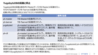 © 2022 NTT DATA Corporation 17
YugabyteDBの起動と停止
YugabyteDBの起動は基本的にMasterサーバ(YB-Master)の起動を行い、
それからTabletサーバ(YB-Tserver)を起動する手順となる。
起動と停止(初期化含む)には以下のコマンドを利用可能。
説明 備考/注意
yb-master YB-Masterの起動用コマンド。
yb-tserver YB-Tserverの起動用コマンド。
yugabyted yb-masterとyb-tserverをラップし、簡易的にクラ
スタの設定や起動/停止を行うコマンド。動作確
認や開発、試験時の利用を想定。
商用利用は非推奨。複数ノードでのクラスタ
構成などをサポート。
yb-ctl yb-masterとyb-tserverをラップし、簡易的にクラ
スタの設定や起動/停止を行うコマンド。動作確
認や開発、試験時の利用を想定。
商用利用は非推奨。シングルノードのみでの
クラスタ構成などをサポート。yb-ctlコマンドで
生成したデータディレクトリはyb-ctlでのみ再
利用可。
クラスタ構成を組んでの起動などはやや煩雑なコマンドとなるため、利便用のコマンドとしてyugabytedとyb-ctlが用意されている。
従来はyb-ctlが主に用いられてきたようだが、最近はyugabytedの機能拡充が目立つ。
簡易的な動作確認であれば、構築されるクラスタの機能としては変わらないためどちらを選んでも良い。
本資料ではyugabytedコマンドを利用した実例で解説を進める。
 
