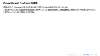 © 2022 NTT DATA Corporation 54
PrometheusとGrafanaとの連携
注意点として、YugabyteDBが出力するメトリクスがYugabyteDB内のレイテンシとなる。
そのためクライアントとの通信や結果送信などのNWレイテンシは加味されない。性能試験などの際はメトリクスだけでなくクライアン
ト側でのレイテンシなども確認しておくと良い
 