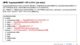© 2022 NTT DATA Corporation 59
【参考】 YugabyteDBのデータディレクトリ (yb-data)
YugabyteDBのMasterとTserverそれぞれで扱う実データは基本的にDocDBに格納される。DocDBはTabletの単位でイン
スタンスが作成されるため、Tabletの数だけDocDB用のディレクトリが存在する。
また、内部的にノード間はProtocol Bufferを利用してデータのやり取り(read/write, replication, consensusなど)がされ
るため、そのデータのメタデータもデータディレクトリに格納される。
var/data/yb-data/
|-- master
| |-- consensus-meta < -- Tablet毎のRaftコンセンサスのメタデータ
| |-- data < -- Tablet毎のDocDB(RocksDB)の実データ
| |-- logs < -- ログファイル
| |-- tablet-meta < -- Tablet毎のメタデータ
| `-- wals < -- Tablet毎のWAL(Write Ahead Log)
`-- tserver < -- 以下はTservertのデータだが区分けはMasterと同様
|-- consensus-meta
|-- data
|-- logs
|-- tablet-meta
`-- wals
 