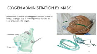 OXYGEN ADMINISTRATION BY MASK
Normal levels of arterial blood oxygen are between 75 and 100
mmHg . An oxygen level of 60 mmHg or lower indicates the
need for supplemental oxygen.
14
 