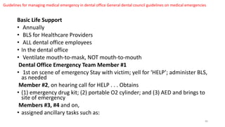 Basic Life Support
• Annually
• BLS for Healthcare Providers
• ALL dental office employees
• In the dental office
• Ventilate mouth-to-mask, NOT mouth-to-mouth
Dental Office Emergency Team Member #1
• 1st on scene of emergency Stay with victim; yell for ‘HELP’; administer BLS,
as needed
Member #2, on hearing call for HELP . . . Obtains
• (1) emergency drug kit; (2) portable O2 cylinder; and (3) AED and brings to
site of emergency
Members #3, #4 and on,
• assigned ancillary tasks such as:
Guidelines for managing medical emergency in dental office General dental council guidelines on medical emergencies
40
 
