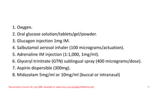 1. Oxygen.
2. Oral glucose solution/tablets/gel/powder.
3. Glucagon injection 1mg IM.
4. Salbutamol aerosol inhaler (100 micrograms/actuation).
5. Adrenaline IM injection (1:1,000, 1mg/ml).
6. Glyceryl trinitrate (GTN) sublingual spray (400 micrograms/dose).
7. Aspirin dispersible (300mg).
8. Midazolam 5mg/ml or 10mg/ml (buccal or intranasal)
Resuscitation Council UK, July 2006. Available at: www.resus.org.uk/pages/MEdental.pdf 84
 