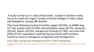 A study carried out in state of Karnataka , located in Southern India,
has to its credit the largest number of dental colleges in India, Udupi
and Mangalore among 280 dentists .
They have following treatment facility: oxygen (24.0%), an AMBU bag
(17.1%), pocket mask (13.0%), bronchodilator spray (24.7%), diazepam
(20.5%), aspirin (20.5%), and glyceryl trinitrate (17.8%). Less than half
(39%) of the respondents reported having clinical staff members
trained to assist in emergency recognition and management.
only 5.8% carried out emergency drills in their workplace.
Gupta T, Aradhya MR, Nagaraj A. Preparedness for management of medical emergencies among dentists in Udupi and Mangalore, India. J Contemp Dent Pract. 2008
Jul 1;9(5):92
86
 