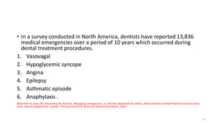 • In a survey conducted in North America, dentists have reported 13,836
medical emergencies over a period of 10 years which occurred during
dental treatment procedures.
1. Vasovagal
2. Hypoglycemic syncope
3. Angina
4. Epilepsy
5. Asthmatic episode
6. Anaphylaxis .
Malamed SF, Haas DA, Rosenberg M, Reed KL. Managing emergencies. In: Glick M, Malamed SF, editors. What Dentist and Staff Need to Know to Save
Lives, Special Supplement. London: The Journal of the American Dental Association; 2010
10
 