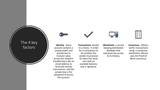 The 4 key
factors
Identity- Every
account contains a
unique public and
private key to
transact value
across the network.
A public key is like an
email address to
send and receive
transactions and the
private key is the
password to access
the account.
Transactions- Similar
to a check, In order
for a transaction to
be verified, the
sender must prove
he owns the value
sent with an
available balance,
and a signature.
Blockchain- a record
keeping distributed
database that
everyone has access
to its history.
Consensus- Miners
verify transactions
using a consensus
mechanism. Bitcoin
uses the Proof of
Work consensus.
 