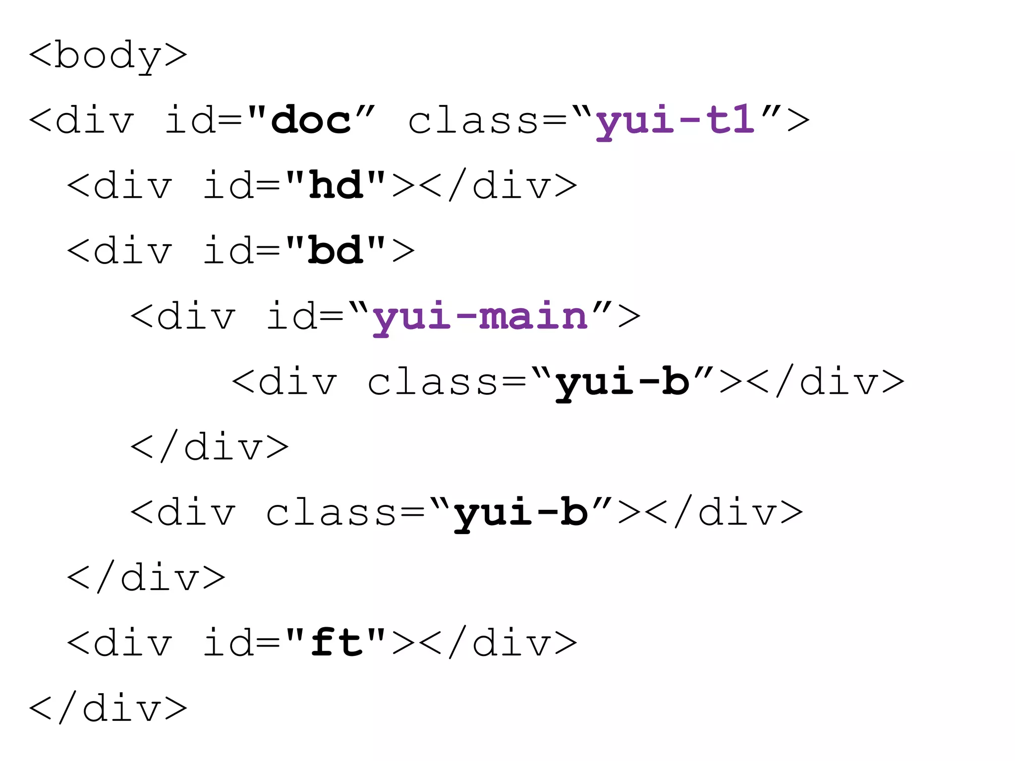 <body>
<div id="doc” class=“yui-t1”>
 <div id="hd"></div>
 <div id="bd">
    <div id=“yui-main”>
        <div class=“yui-b”></div>
    </div>
    <div class=“yui-b”></div>
 </div>
 <div id="ft"></div>
</div>
 